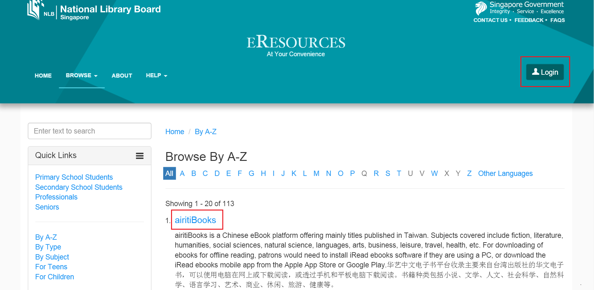 Go to Airitibooks via NLB eResources website