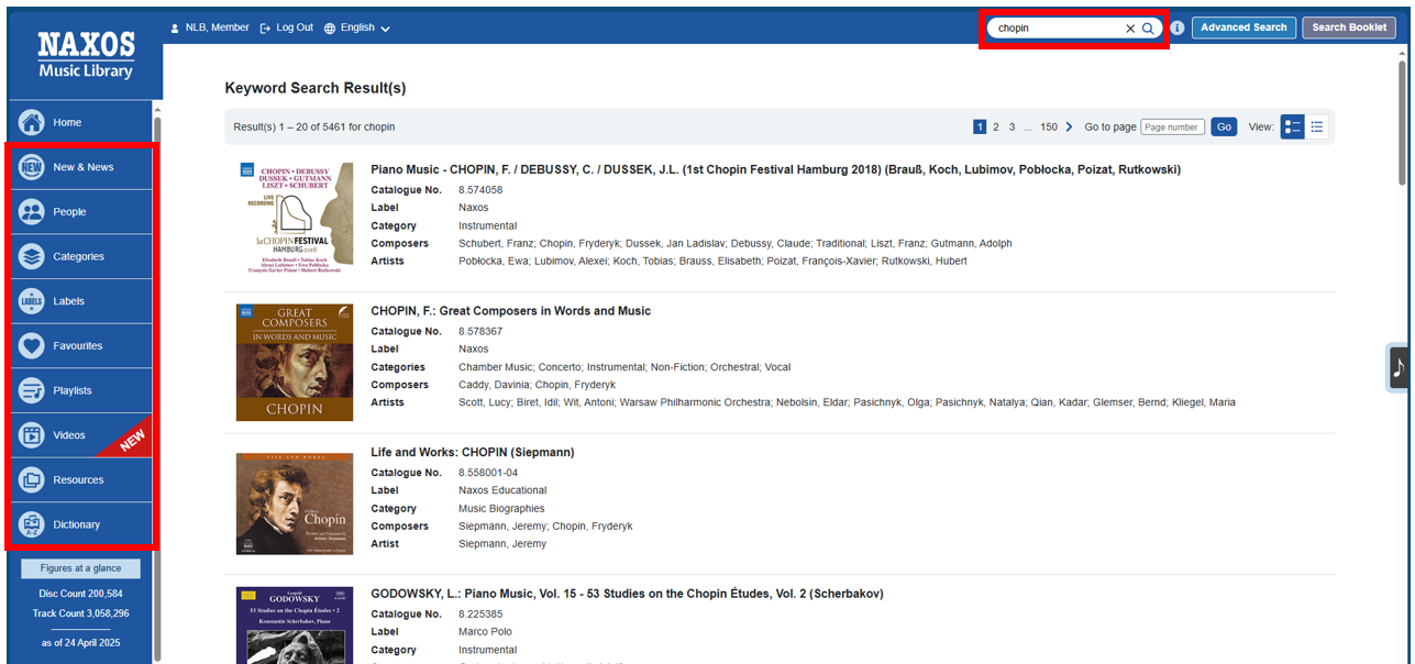Naxos Music Library page (Keyword Search Result)