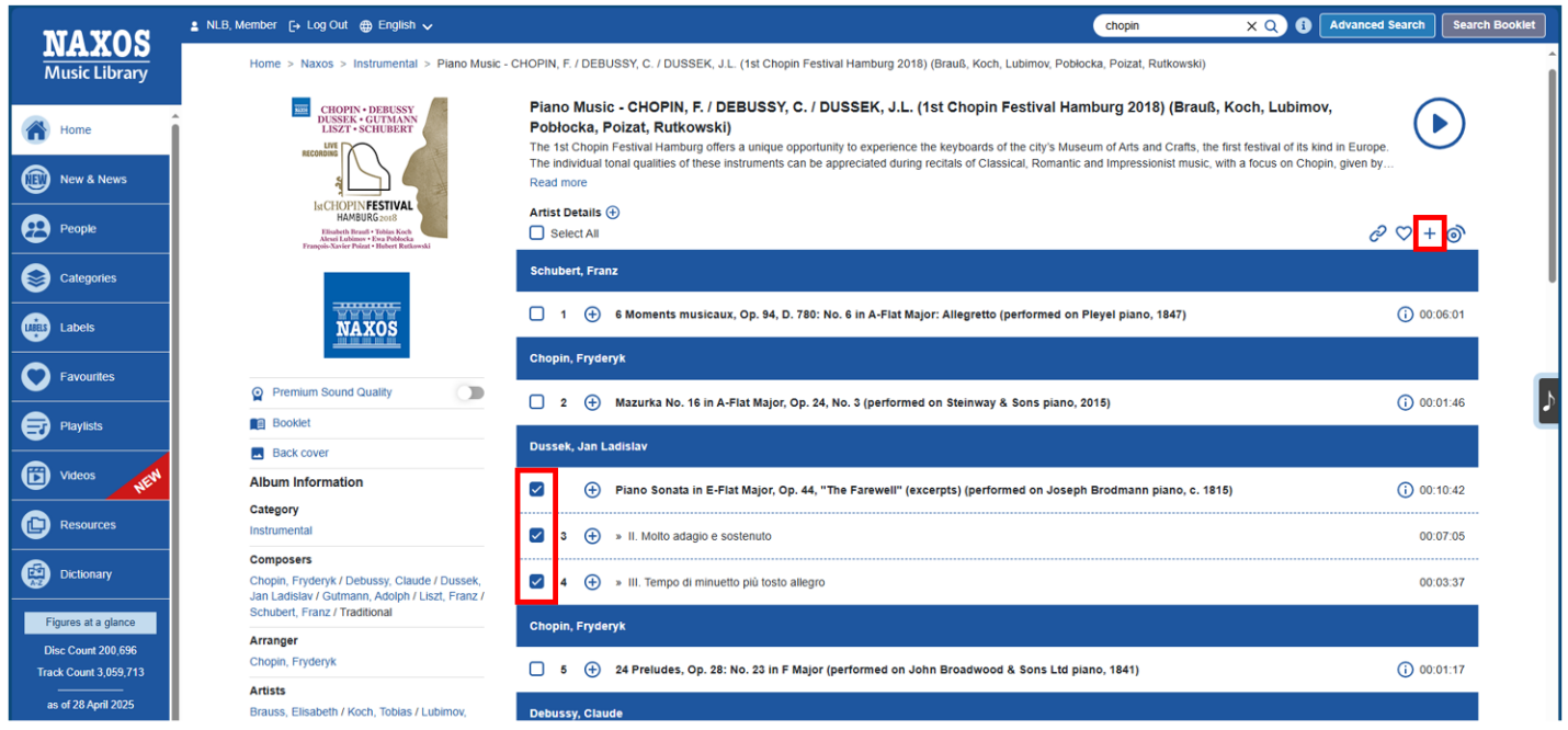 Naxos Music Library page (Add titles to a playlist)